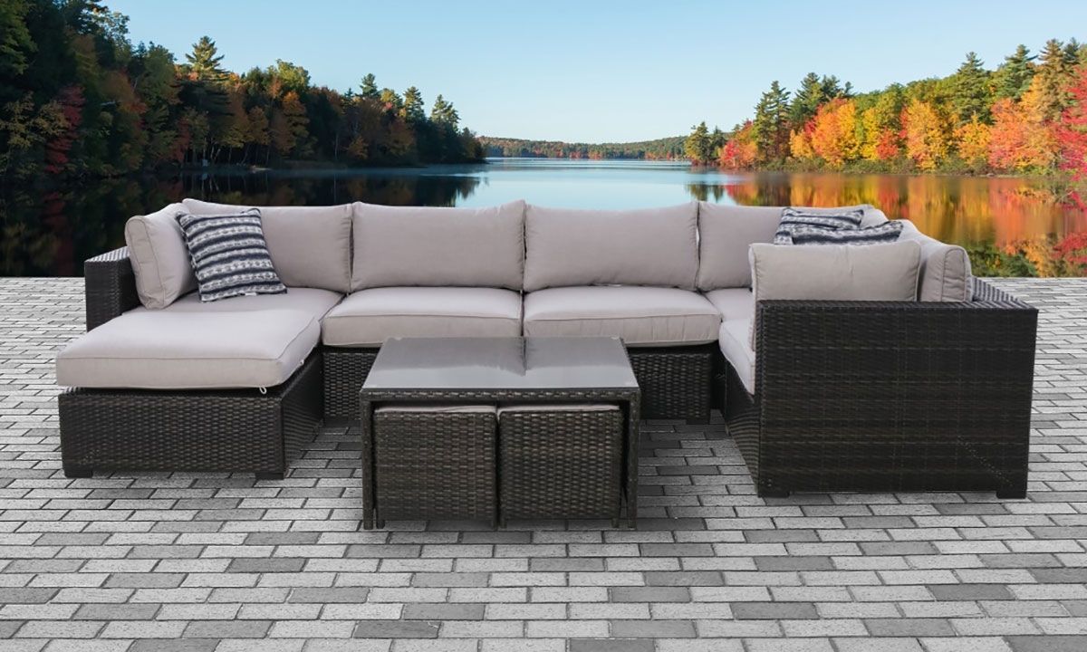 Kensington 8 Piece Outdoor Sectional & Table Set | The Dump Luxe Intended For Outdoor Seating Sectional Patio Sets (View 2 of 15)
