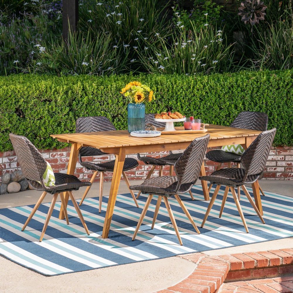 Kevin Outdoor 7 Piece Acacia Wood And Wicker Dining Set, Teak And Within Teak And Wicker Dining Sets (View 11 of 15)
