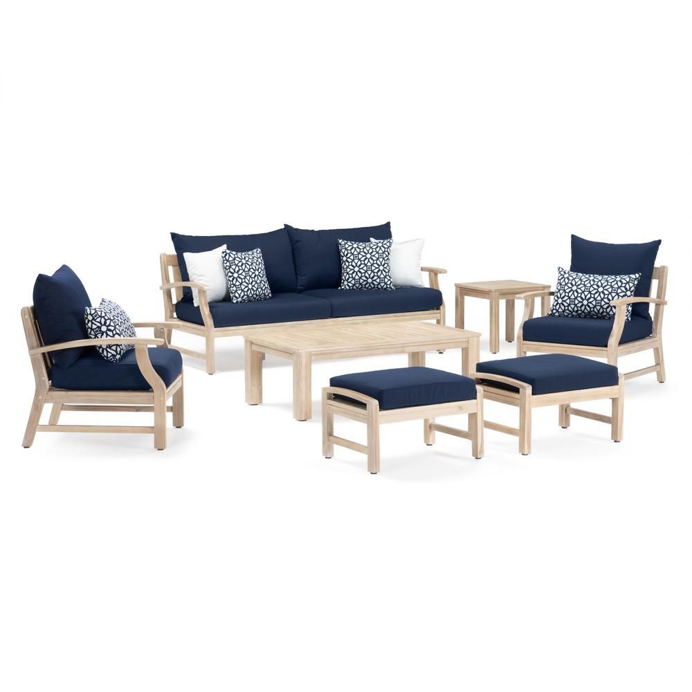 Kooper 7 Piece Wood Patio Conversation Deep Seating Set With Sunbrella With Blue Cushion Patio Conversation Set (View 7 of 15)