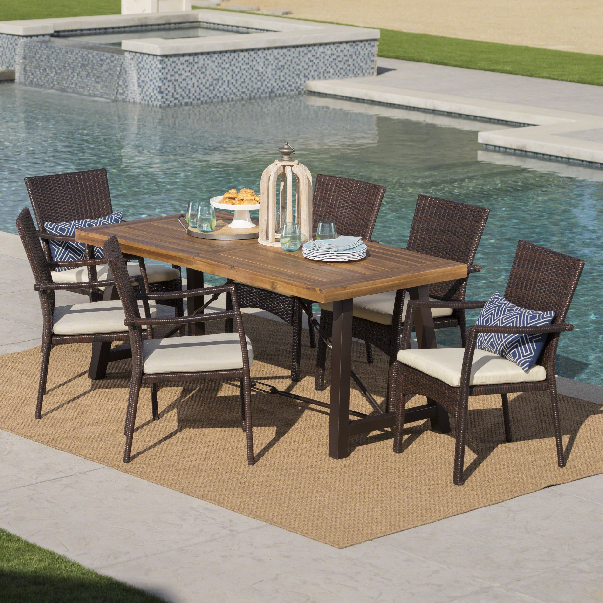 Landon Outdoor 7 Piece Dining Set With Teak Finished Wood Table And Intended For 7 Pieces Teak Outdoor Dining Sets (View 1 of 15)