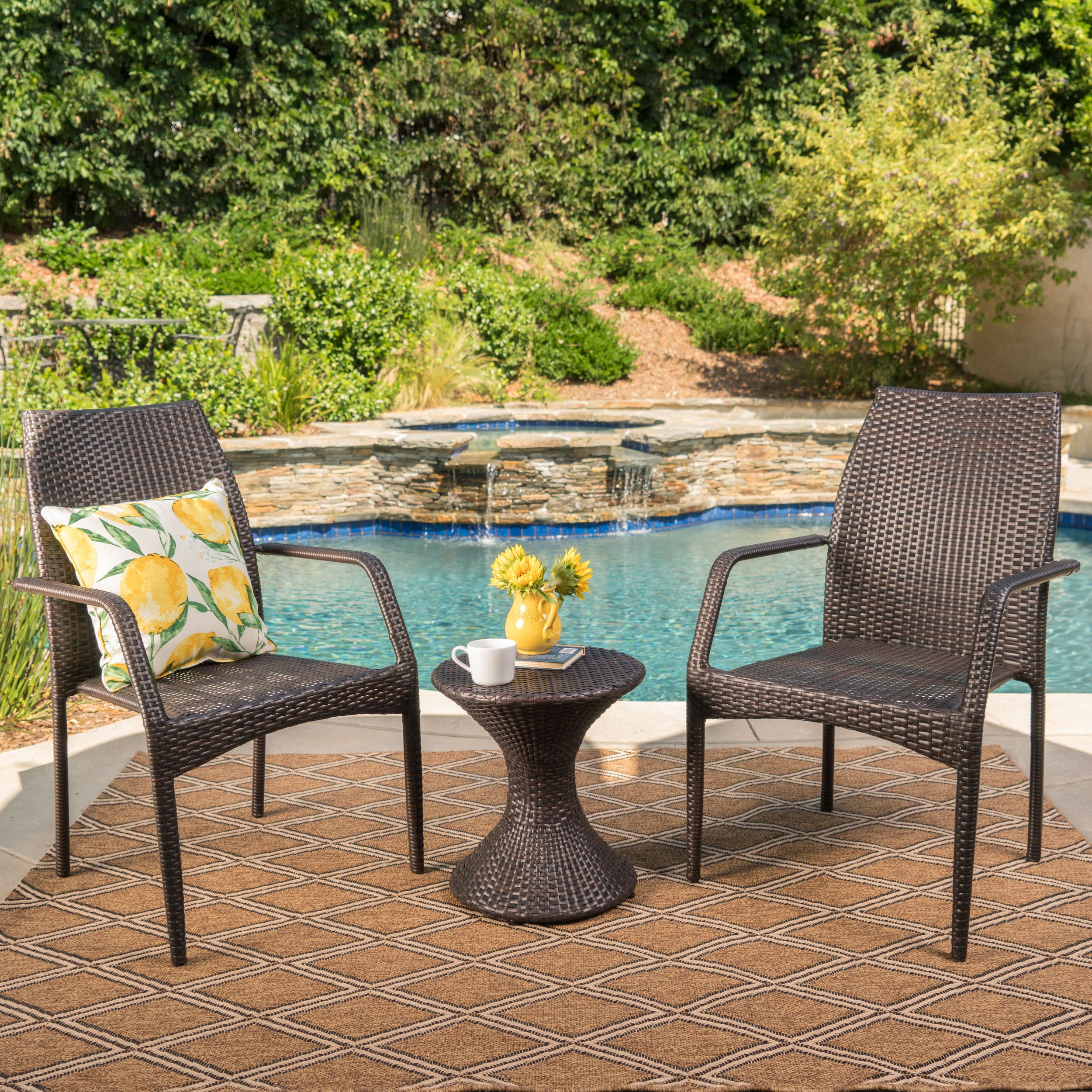 Landsbury Outdoor 3 Piece Wicker Chat Set With Stacking Chairs And In 3 Piece Outdoor Table And Chair Sets (View 1 of 15)