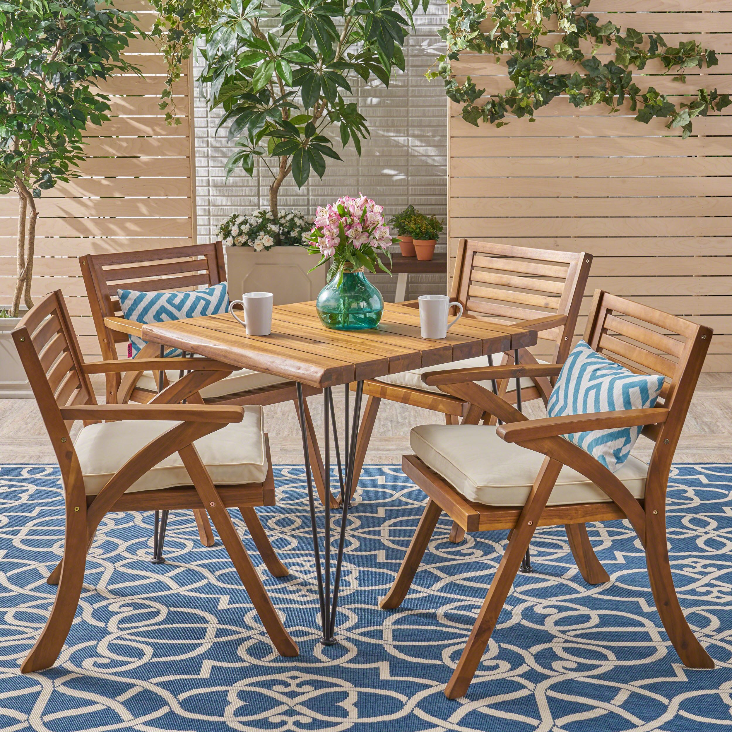 Lane Outdoor Industrial Wood And Wicker 5 Piece Square Dining Set, Teak Throughout Teak Wicker Outdoor Dining Sets (View 10 of 15)