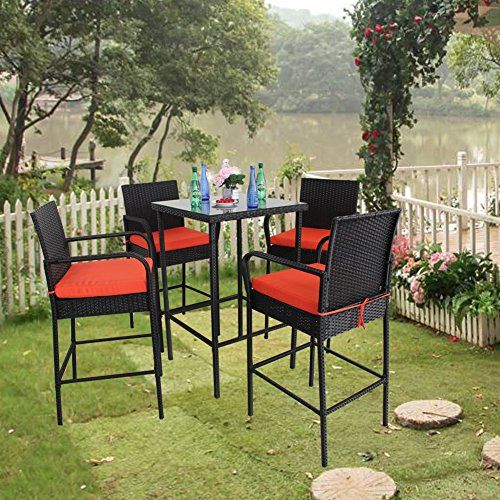 Leaptime Garden Bar Furniture 5Pcs Black Rattan Bar Table And Stools Regarding Outdoor Wicker Orange Cushion Patio Sets (View 8 of 15)