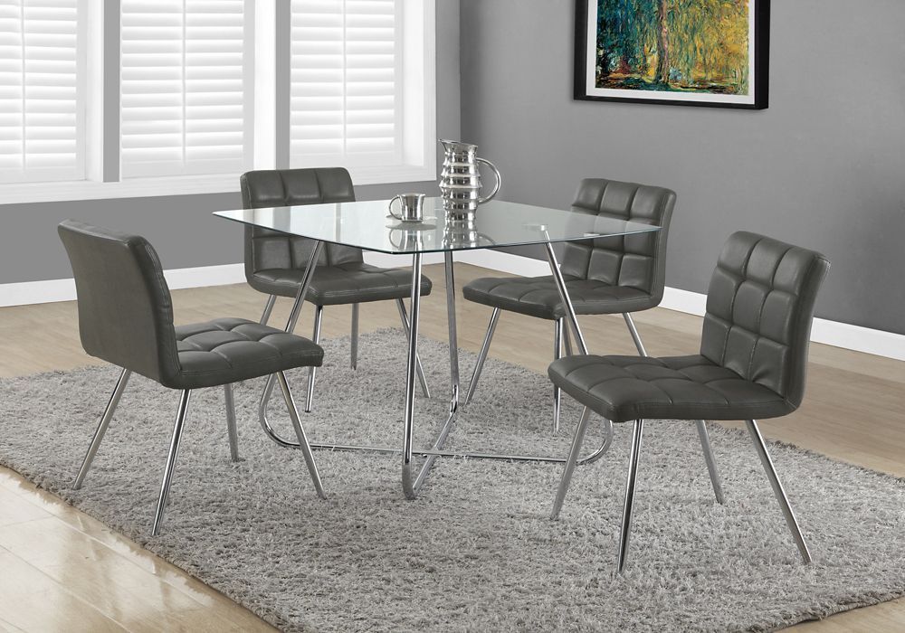 Leather Metal Chrome Slat Back Armless Dining Chair With Grey Faux Within Armless Square Dining Sets (View 12 of 15)