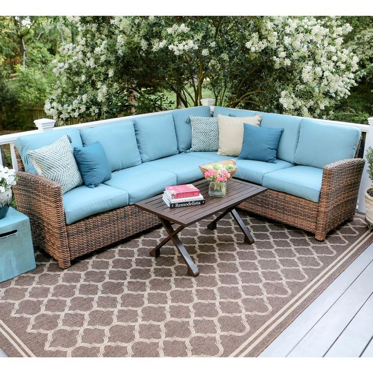 Leisure Made Dalton 5 Piece Wicker Outdoor Sectional Set With Blue Pertaining To Green Outdoor Seating Patio Sets (View 11 of 15)
