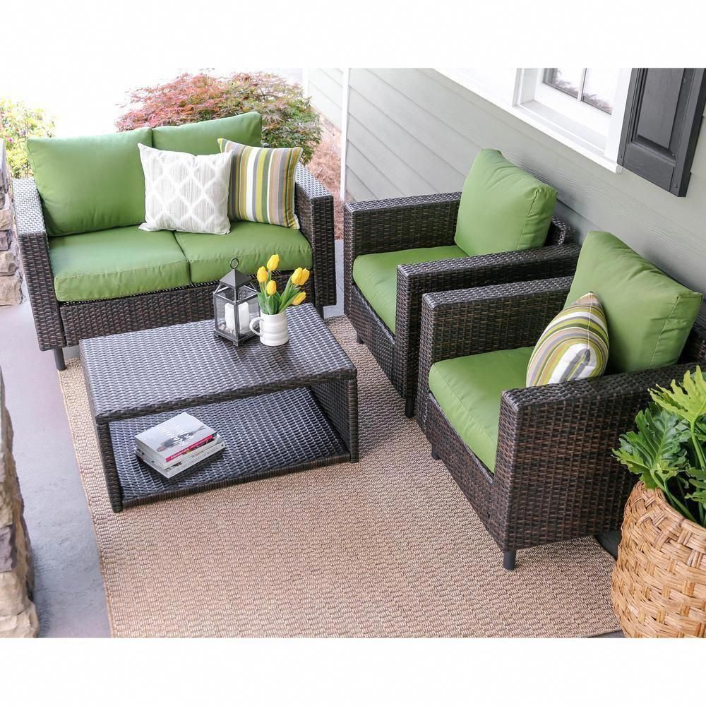 Leisure Made Draper 4 Piece Wicker Patio Conversation Set With Green In Indoor Outdoor Conversation Sets (View 2 of 15)