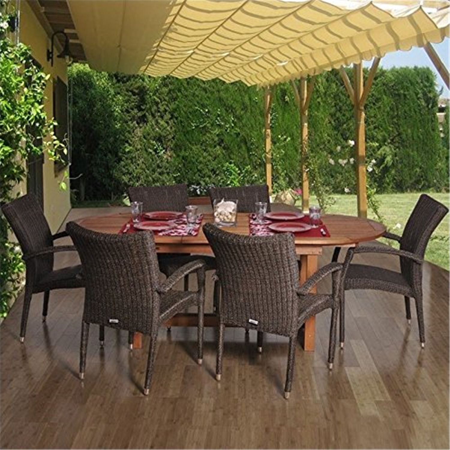 Lemans Deluxe 7 Piece Eucalyptus/Wicker Extendable Oval Patio Dining Intended For Extendable 7 Piece Patio Dining Sets (View 1 of 15)