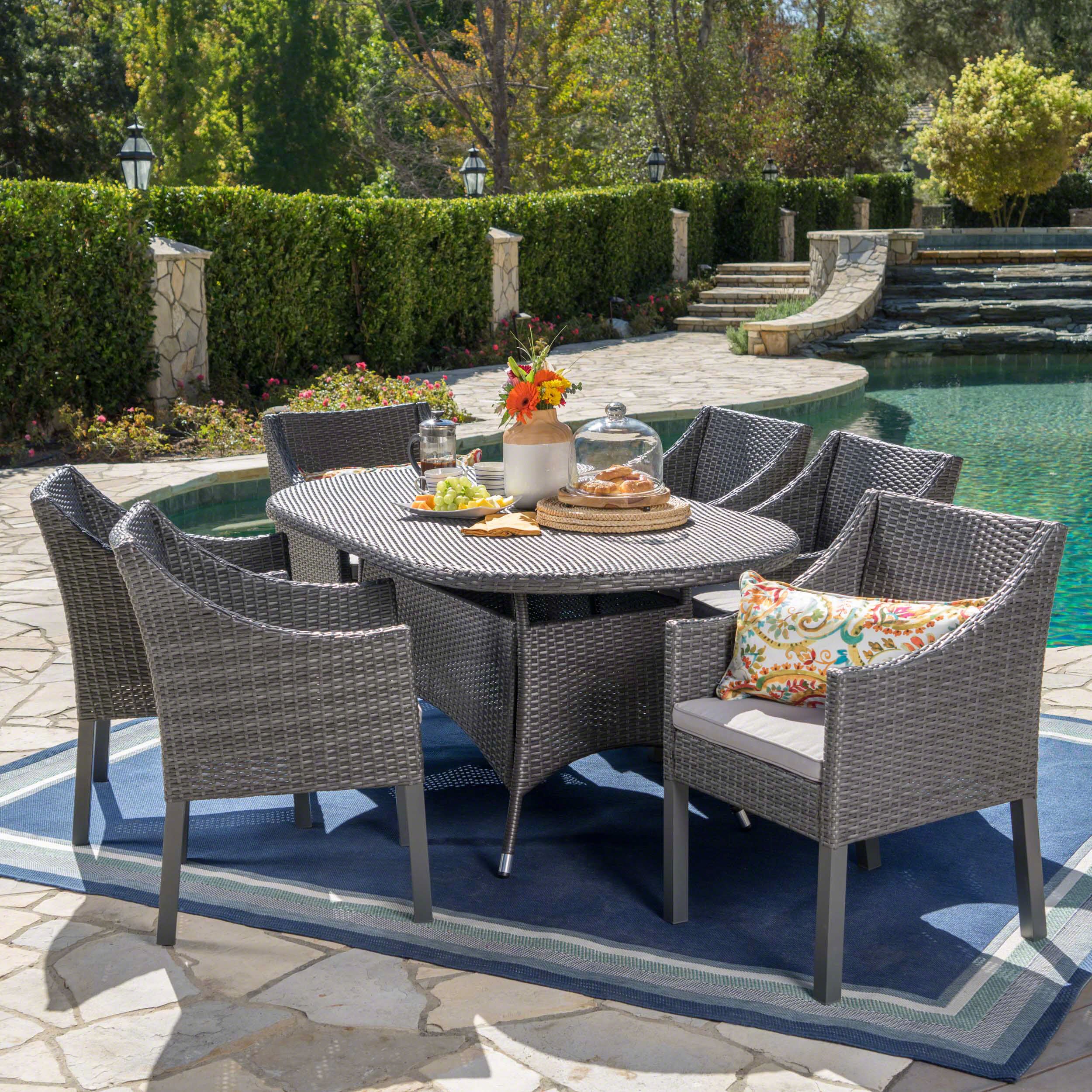 Leo Outdoor 7 Piece Wicker Oval Dining Set With Cushions, Grey, Silver For Gray Wicker Rectangular Patio Dining Sets (View 1 of 15)