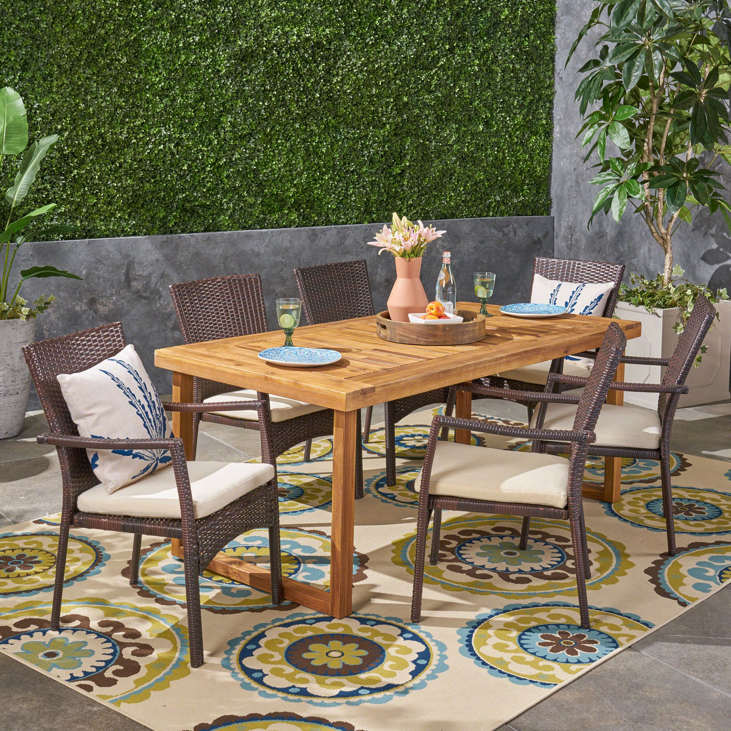 Lily Outdoor 7 Piece Acacia Wood Dining Set With Wicker Chairs And Regarding 7 Piece Patio Dining Sets (View 2 of 15)