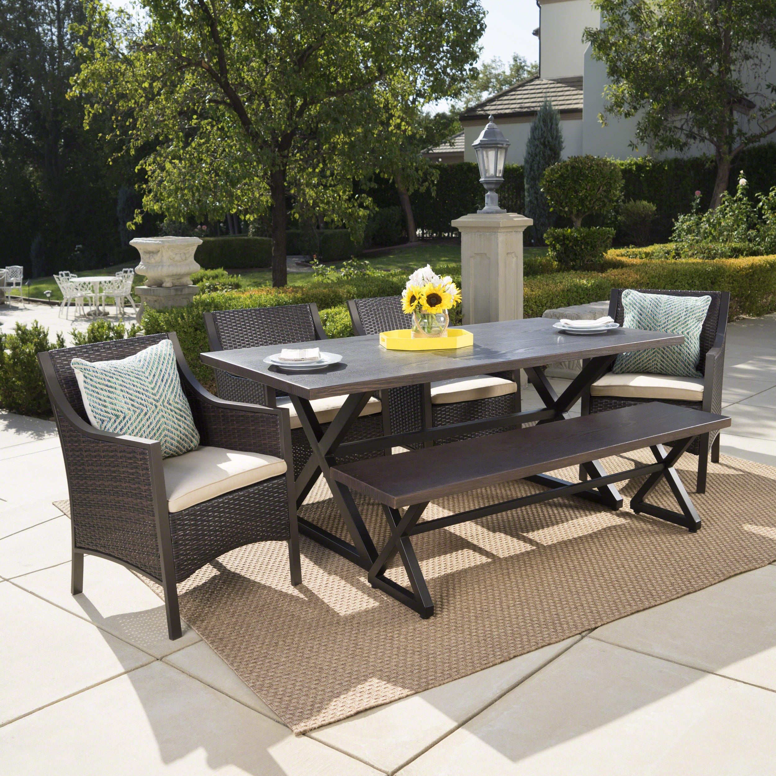 Liona Outdoor 6 Piece Rectangle Aluminum Wicker Dining Set With Intended For Dark Brown 6 Piece Patio Dining Sets (View 12 of 15)