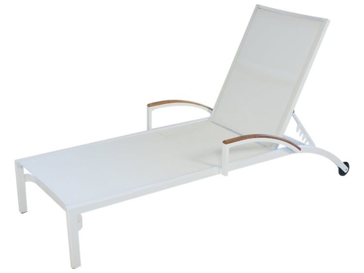 Lloyd Flanders Lux Aluminum Sling Stacking Chaise Lounge With Teak Arms Inside Steel Arm Outdoor Aluminum Chaise Sets (View 9 of 15)