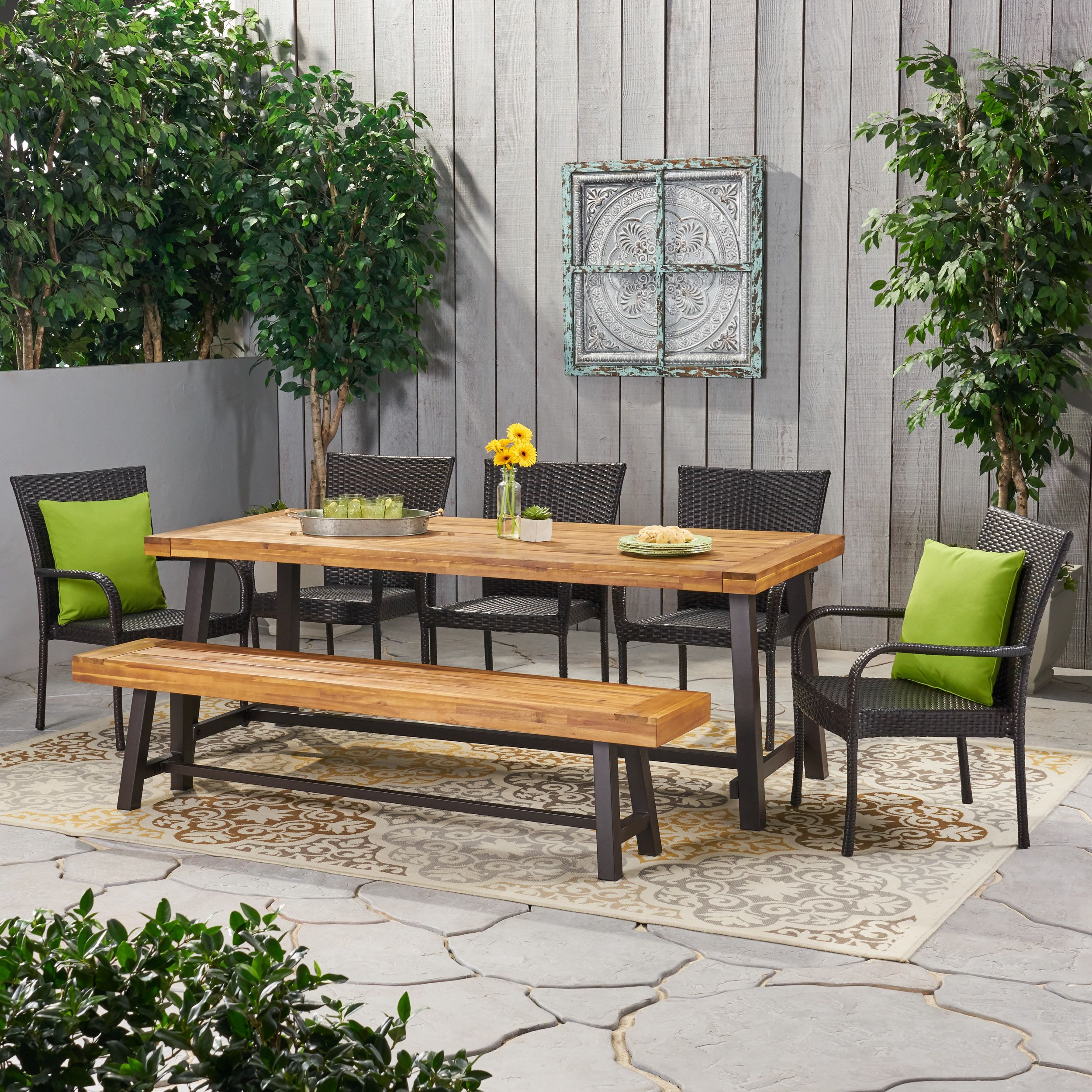 Logan Outdoor Rustic Acacia Wood 8 Seater Dining Set With Dining Bench Intended For Acacia Wood Outdoor Seating Patio Sets (View 6 of 15)