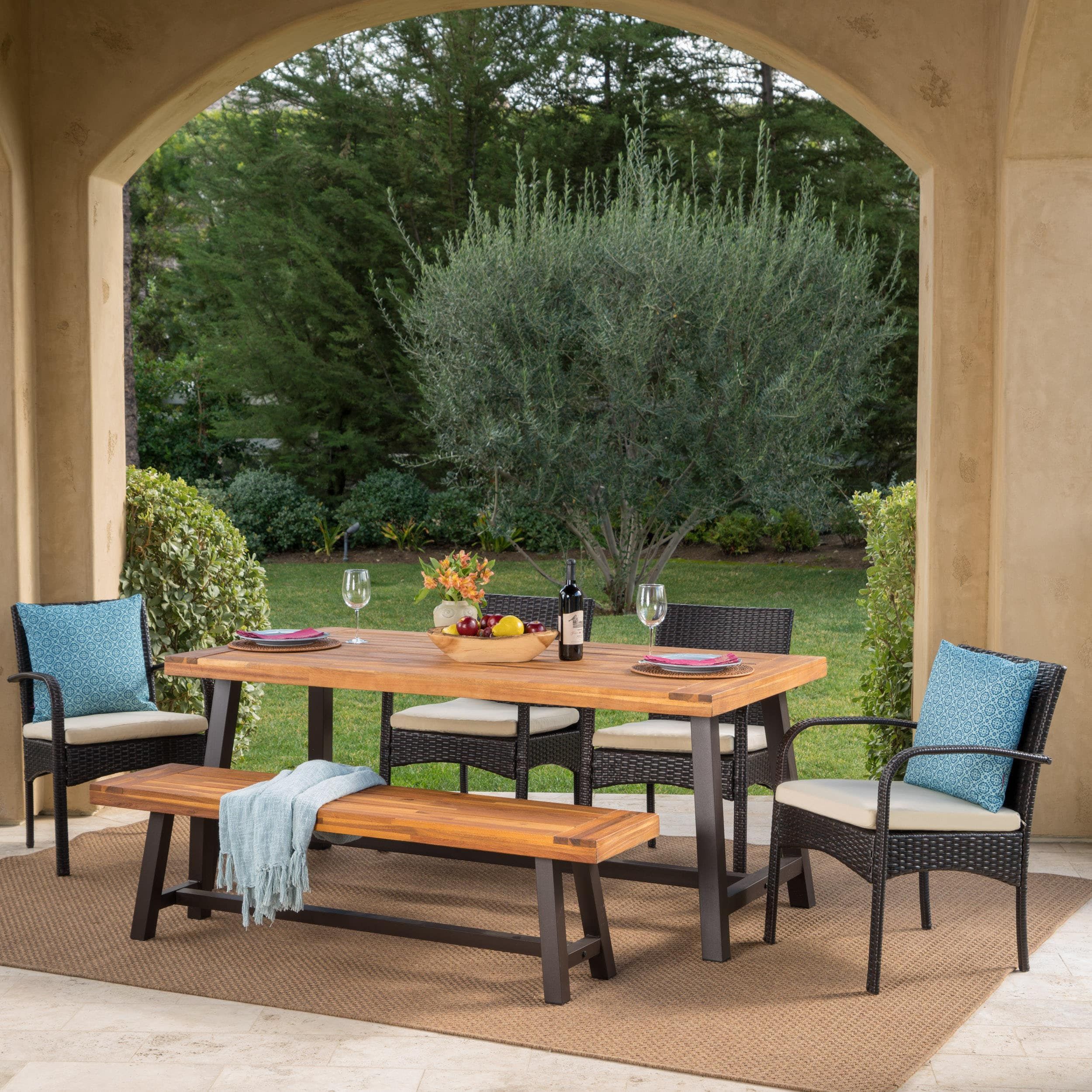 Luster Outdoor 6 Piece Rectangle Acacia Wood Wicker Dining Set With With Regard To Black Medium Rectangle Patio Dining Sets (View 6 of 15)