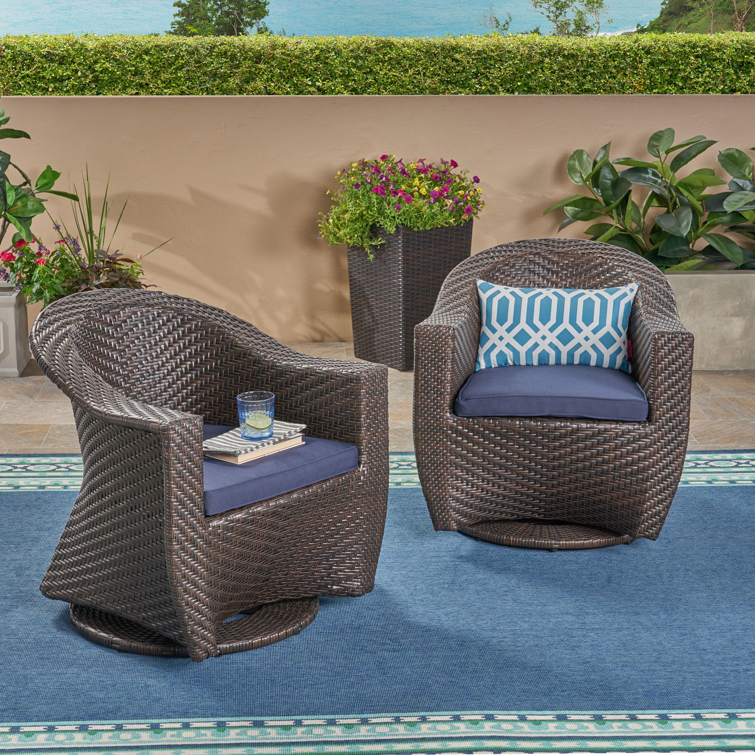 Mackenzie Outdoor Swivel Wicker Chairs With Cushions, Set Of 2, Multi Throughout Navy Outdoor Seating Sets (View 8 of 15)