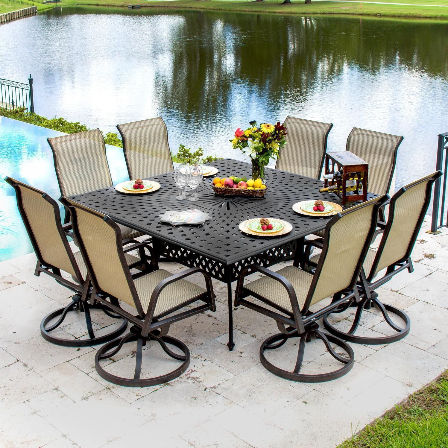 Madison Bay 9 Piece Sling Patio Dining Set With Swivel Rockers And Intended For 9 Piece Teak Outdoor Square Dining Sets (View 14 of 15)