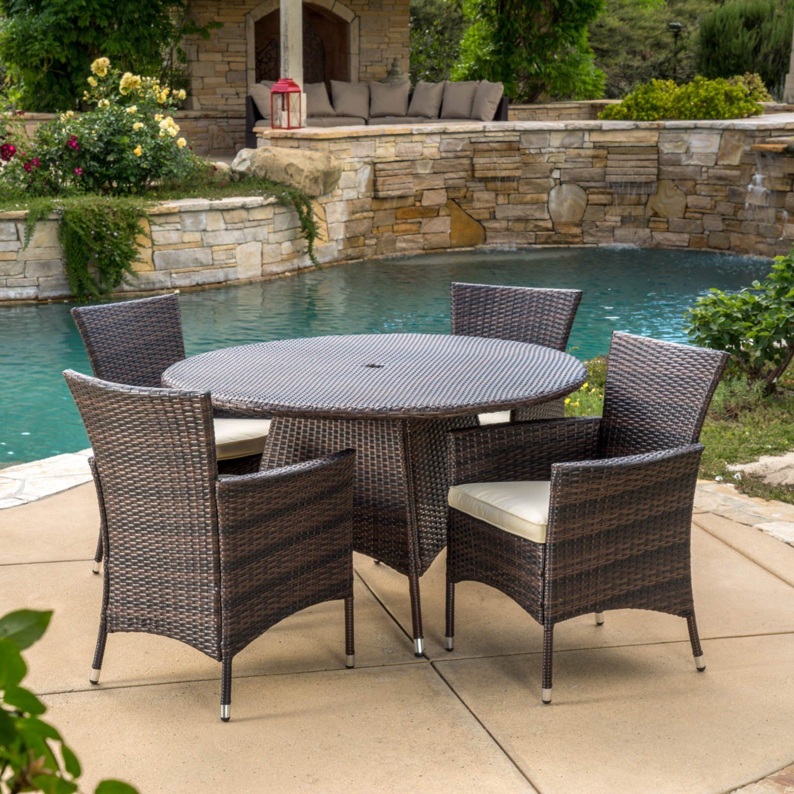Madison Wicker 5 Piece Round Patio Dining Set With Cushions – Walmart With Regard To 5 Piece Round Dining Sets (View 14 of 15)