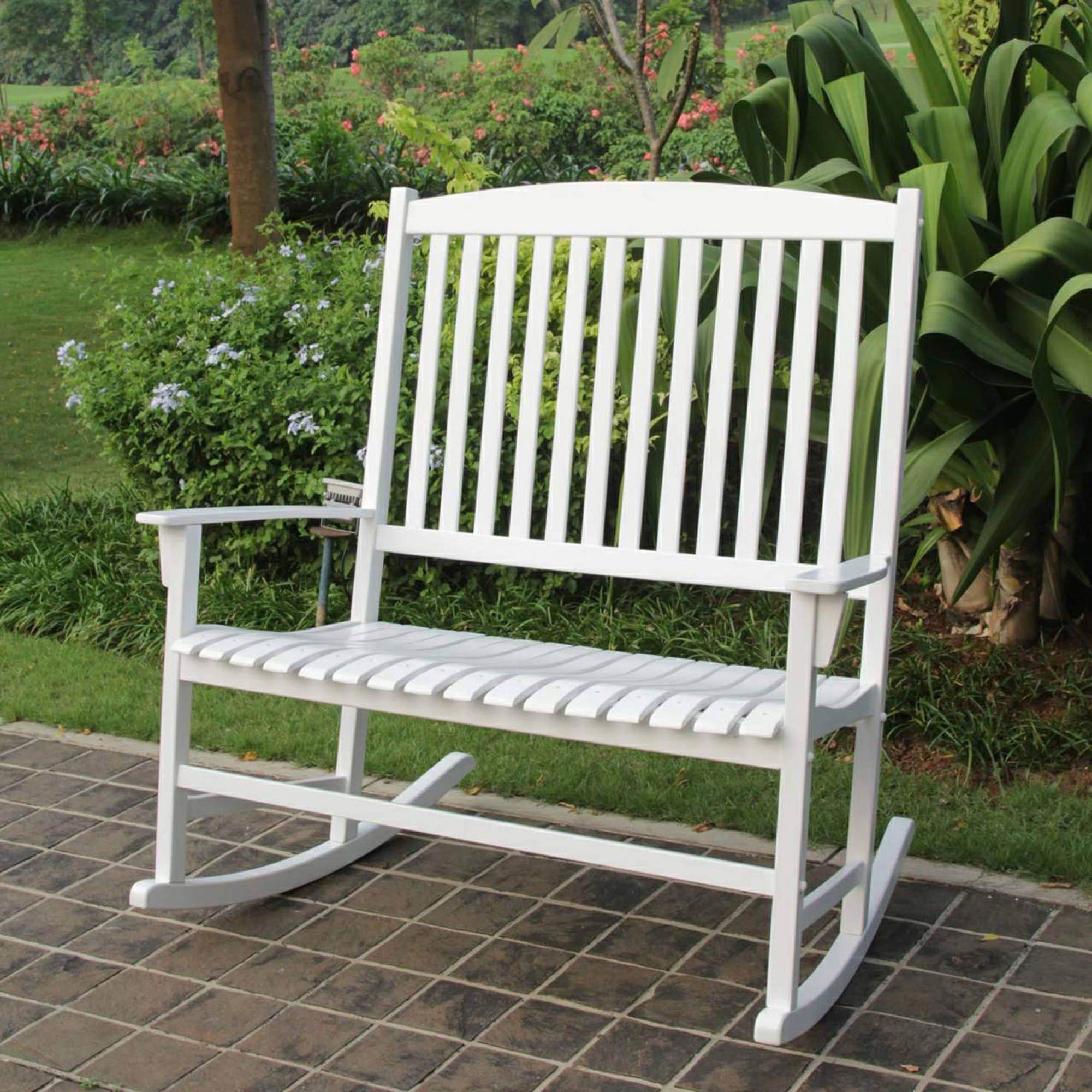 Mainstays Outdoor Double Rocking Chair White Solid Hardwood Wide Seat Intended For White Wood Soutdoor Seating Sets (View 2 of 15)