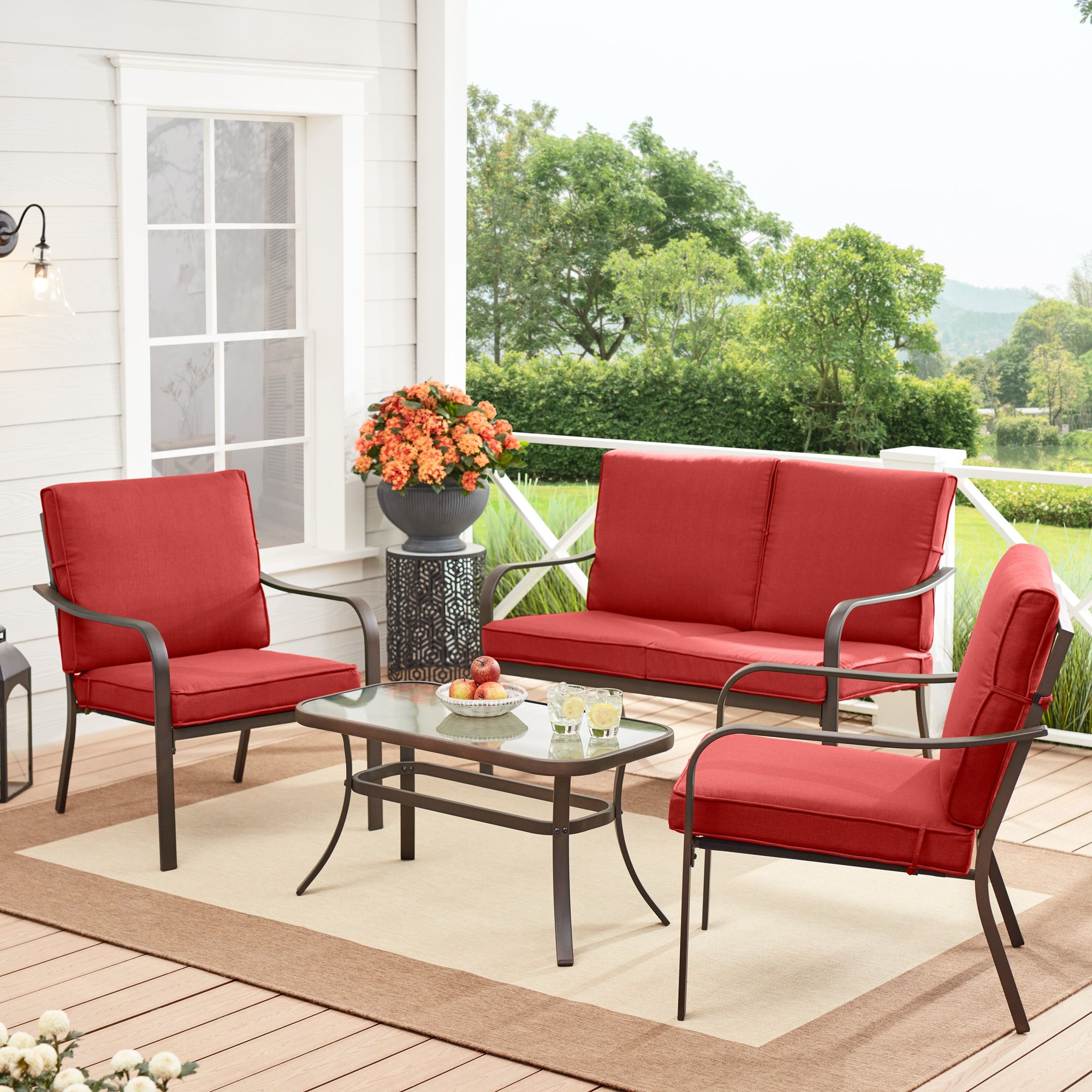 Mainstays Stanton 4 Piece Outdoor Patio Conversation Set, Red – Walmart Pertaining To 4 Piece Gray Outdoor Patio Seating Sets (View 9 of 15)