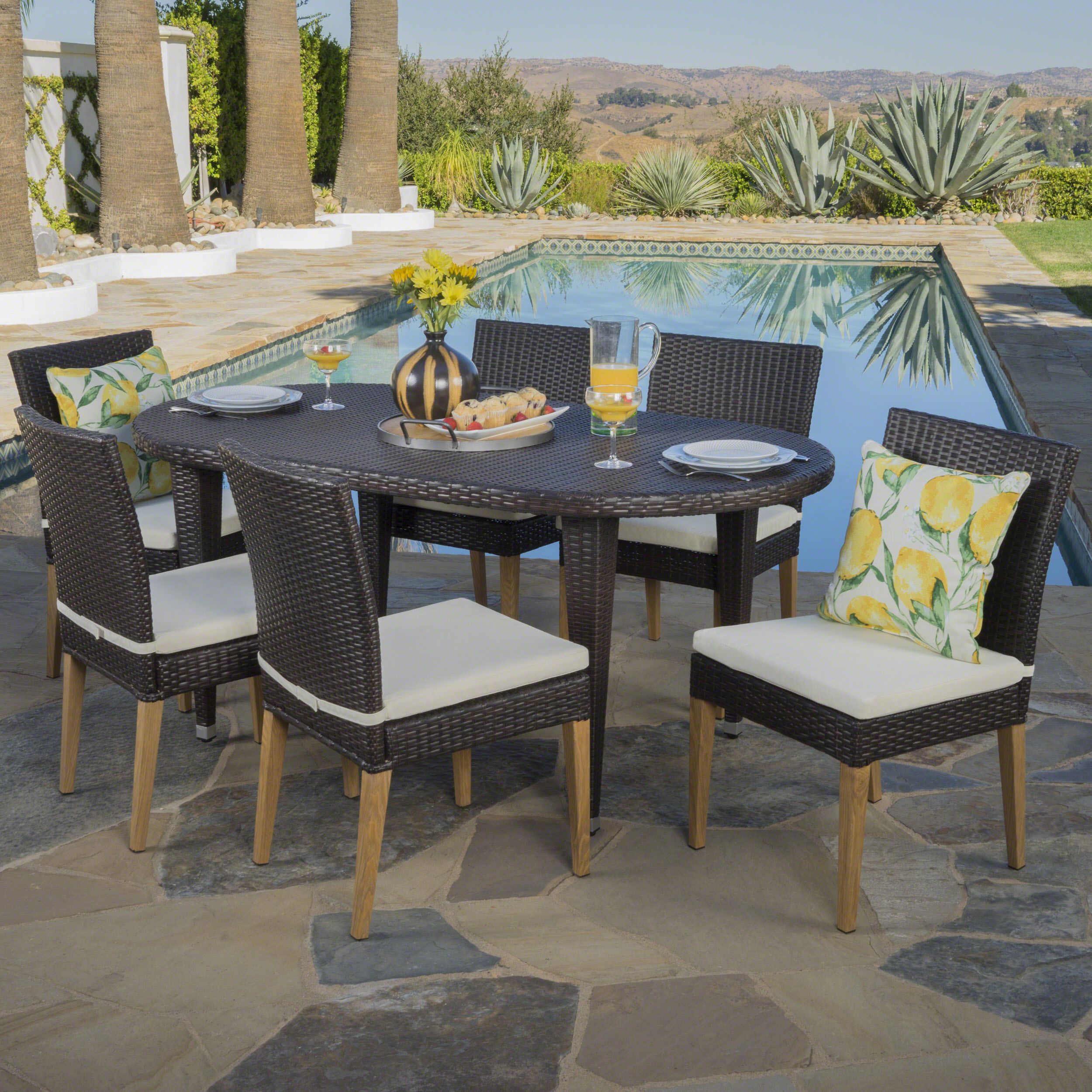 Maisey Outdoor 7 Piece Wicker Oval Dining Set With Light Brown Wood For Oval 7 Piece Outdoor Patio Dining Sets (View 4 of 15)
