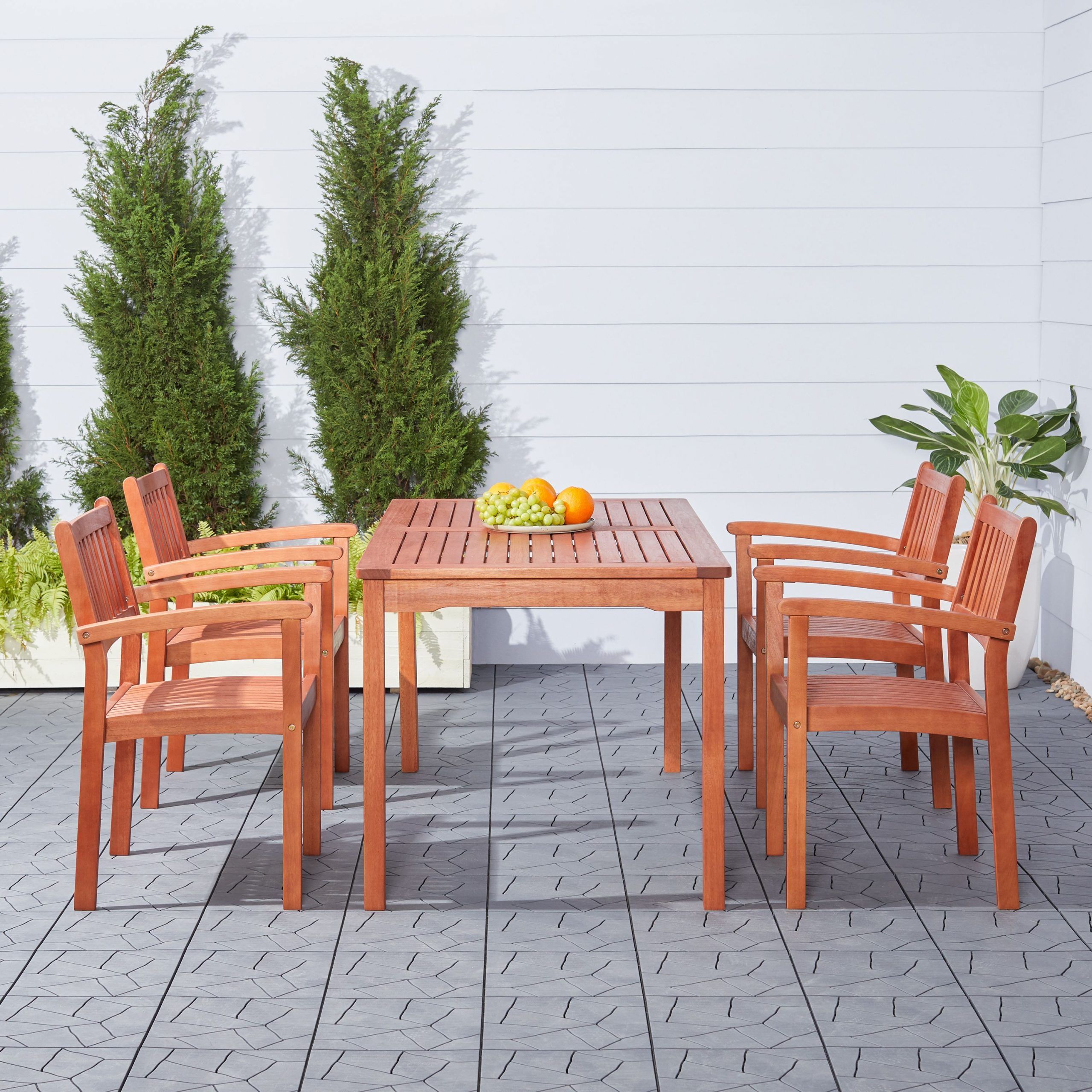 Malibu Outdoor 5 Piece Wood Patio Dining Set With Stacking Chairs Pertaining To 5 Piece Outdoor Seating Patio Sets (View 14 of 15)