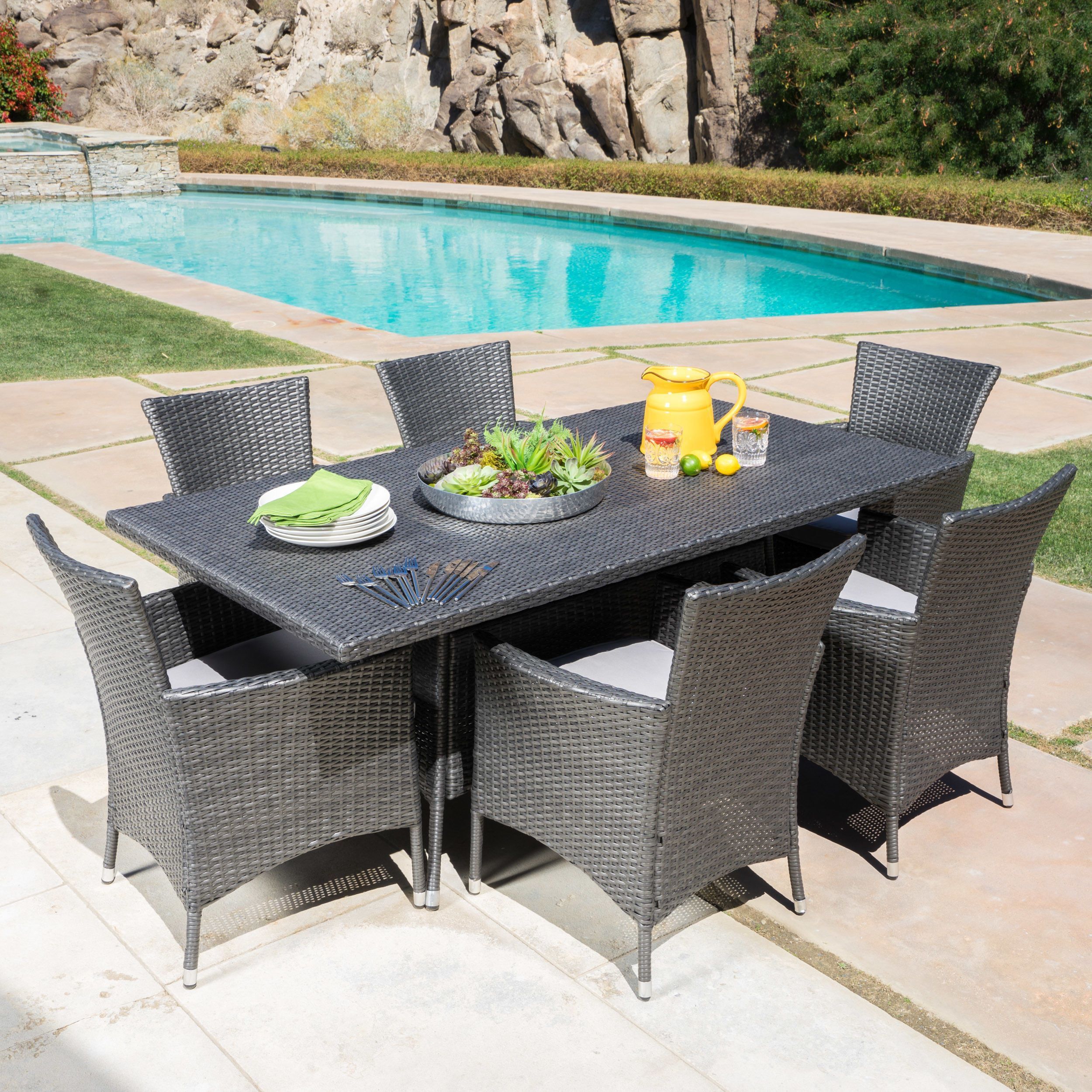 Malta Outdoor 7 Piece Rectangle Wicker Dining Set With Cushions With Regard To Wicker Rectangular Patio Dining Sets (View 3 of 15)