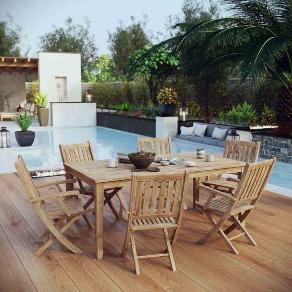 Marina 7 Piece Outdoor Patio Teak Outdoor Dining Set In Natural Mid Inside 7 Pieces Teak Outdoor Dining Sets (View 13 of 15)