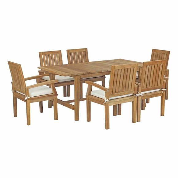 Marina 7 Piece Outdoor Patio Teak Outdoor Dining Set In Natural White With Regard To 7 Pieces Teak Outdoor Dining Sets (View 10 of 15)