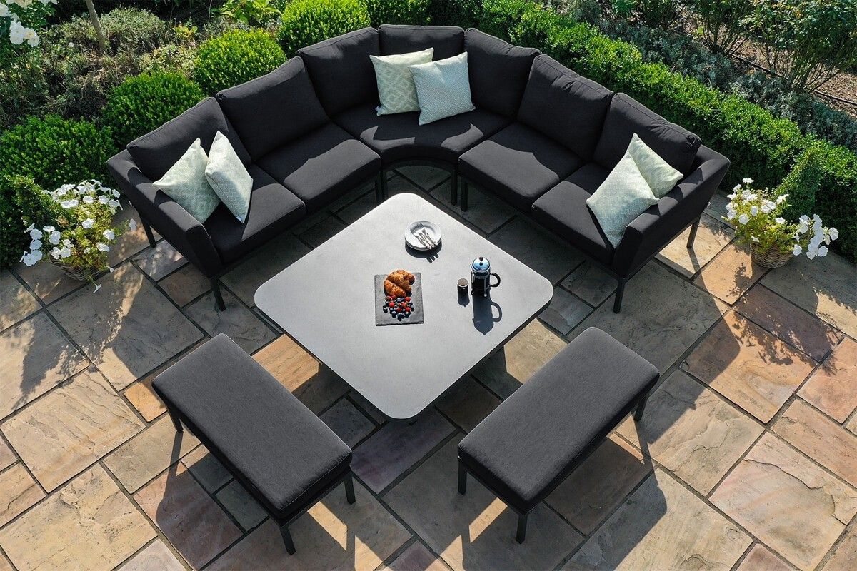 Maze Outdoor Fabric Pulse Deluxe Square Corner Dining Set – Rising Table In Deluxe Square Patio Dining Sets (View 6 of 15)