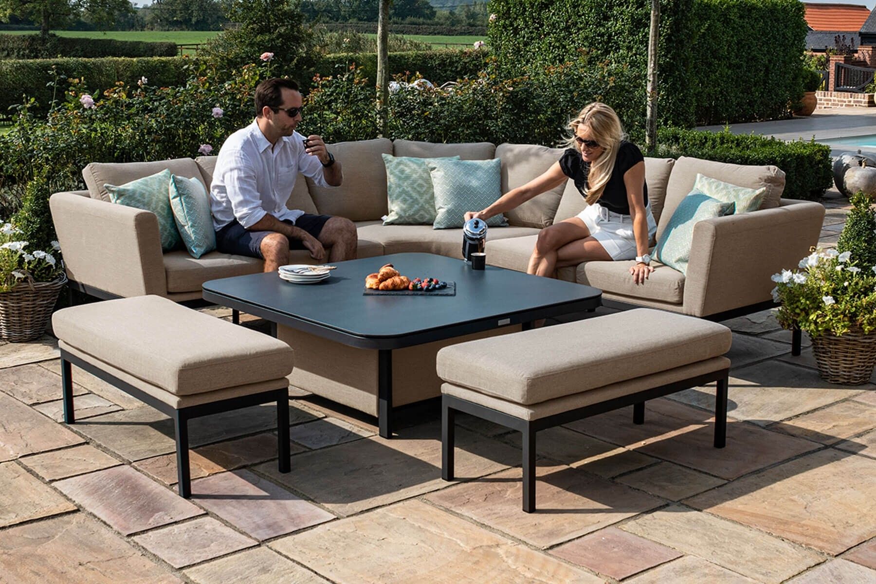 Maze Outdoor Fabric Pulse Deluxe Square Corner Dining Set – Rising Table Pertaining To Deluxe Square Patio Dining Sets (View 11 of 15)