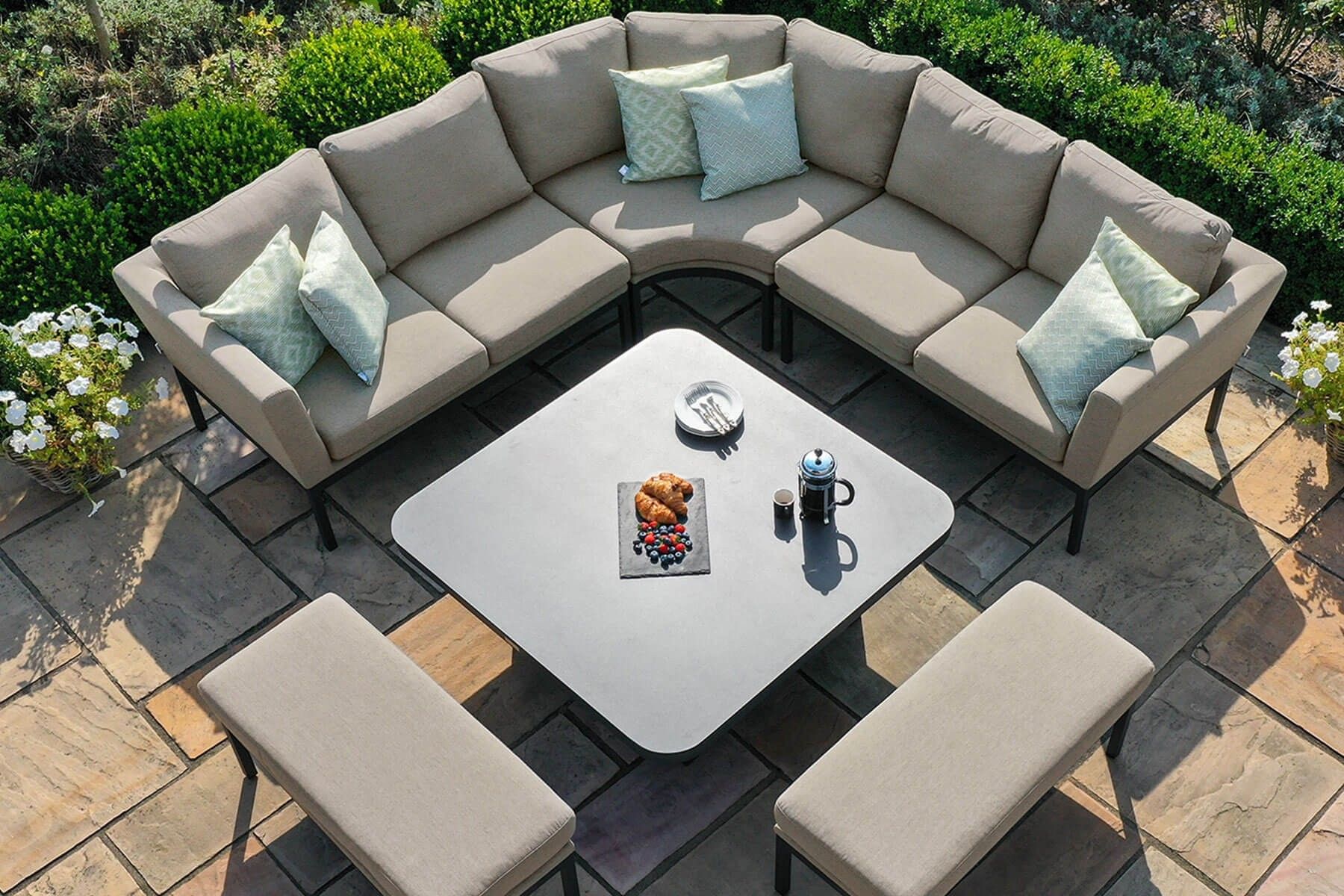 Maze Outdoor Fabric Pulse Deluxe Square Corner Dining Set – Rising Table Regarding Deluxe Square Patio Dining Sets (View 2 of 15)