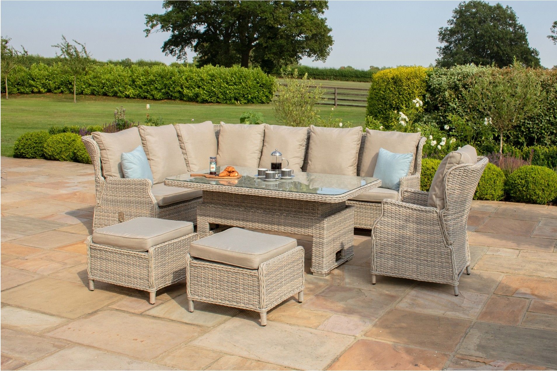 Maze Rattan Cotswolds Reclining Corner Dining Set With Rising Table With Regard To Fabric Outdoor Middle Chair Sets (View 6 of 15)
