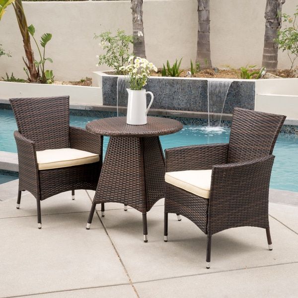 Melissa Outdoor 3 Piece Wicker Bistro Set With Cushionschristopher Regarding Outdoor Wicker Cafe Dining Sets (View 11 of 15)