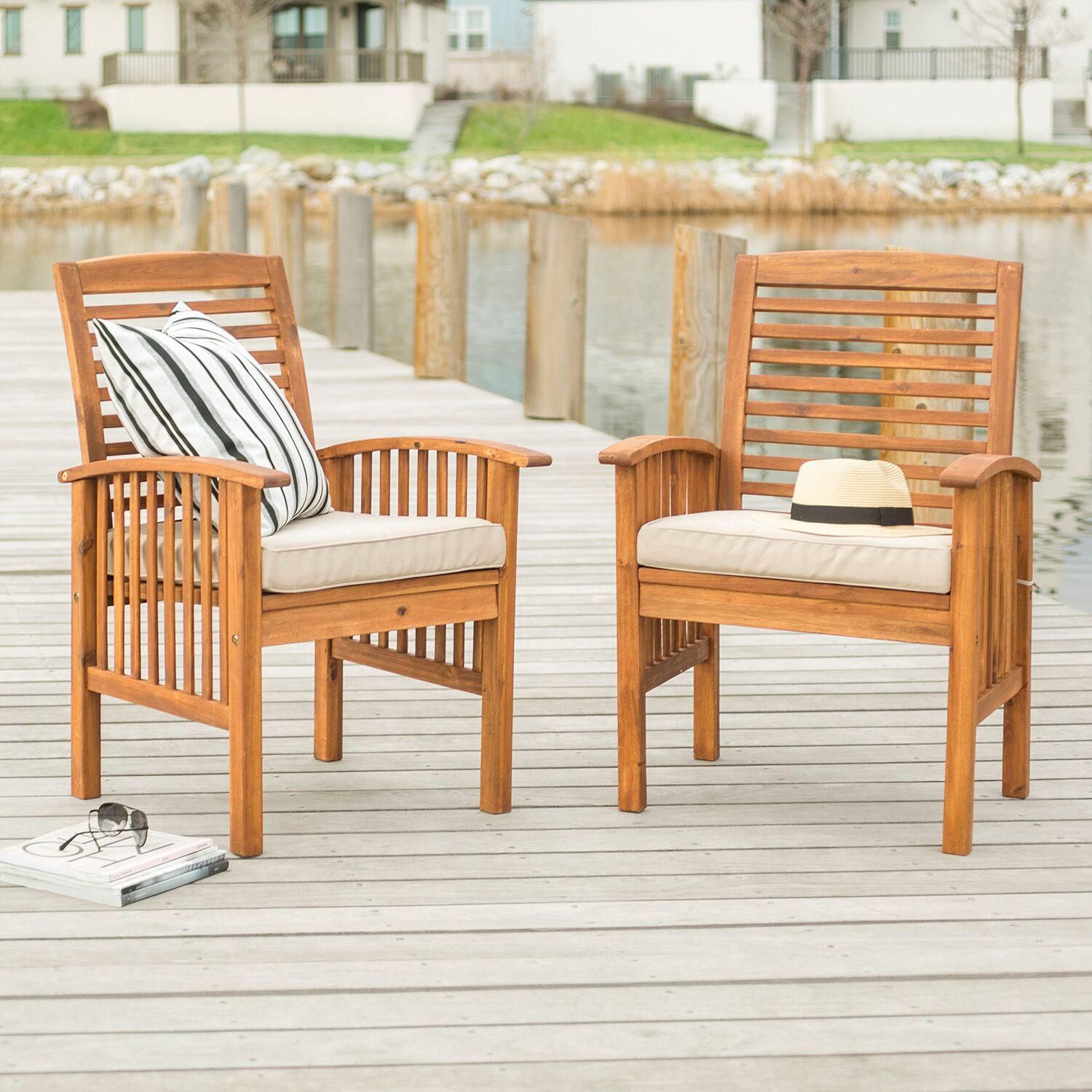Midland 2 Piece Brown Acacia Patio Dining Arm Chair Set W/ Natural Throughout Natural Acacia Wood Bistro Dining Sets (View 14 of 15)