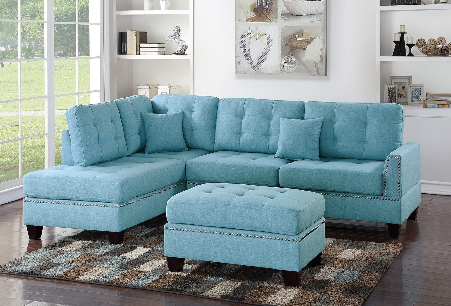 Modern Contemporary Blue Linen Like Fabric Reversible Sectional Sofa Inside White Fabric Outdoor Patio Sets (View 2 of 15)