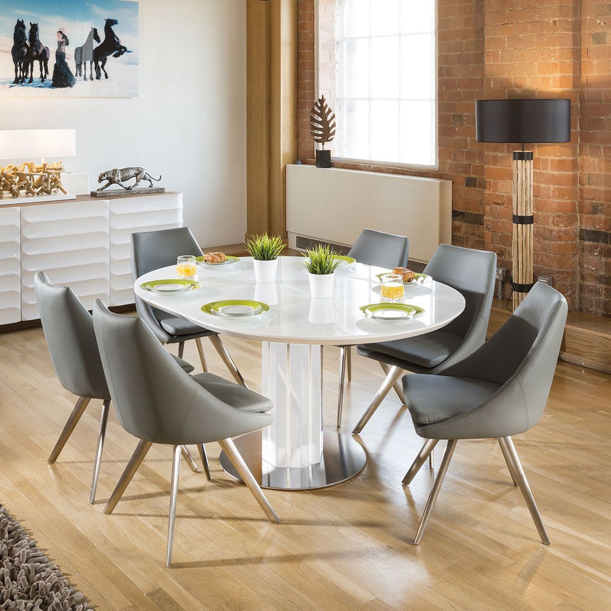 Modern Extending Dining Set Round / Oval Glass Wht Table 6 Grey Chairs Throughout Extendable Oval Dining Sets (View 12 of 15)