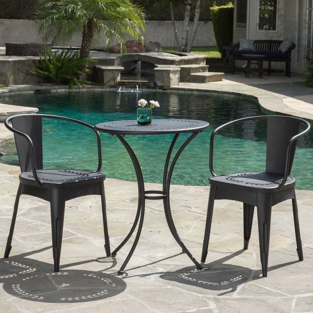 Modern Outdoor 3 Piece Cast Bistro Set Black Contemporary Table Chair With Regard To Black Outdoor Dining Modern Chairs Sets (View 11 of 15)