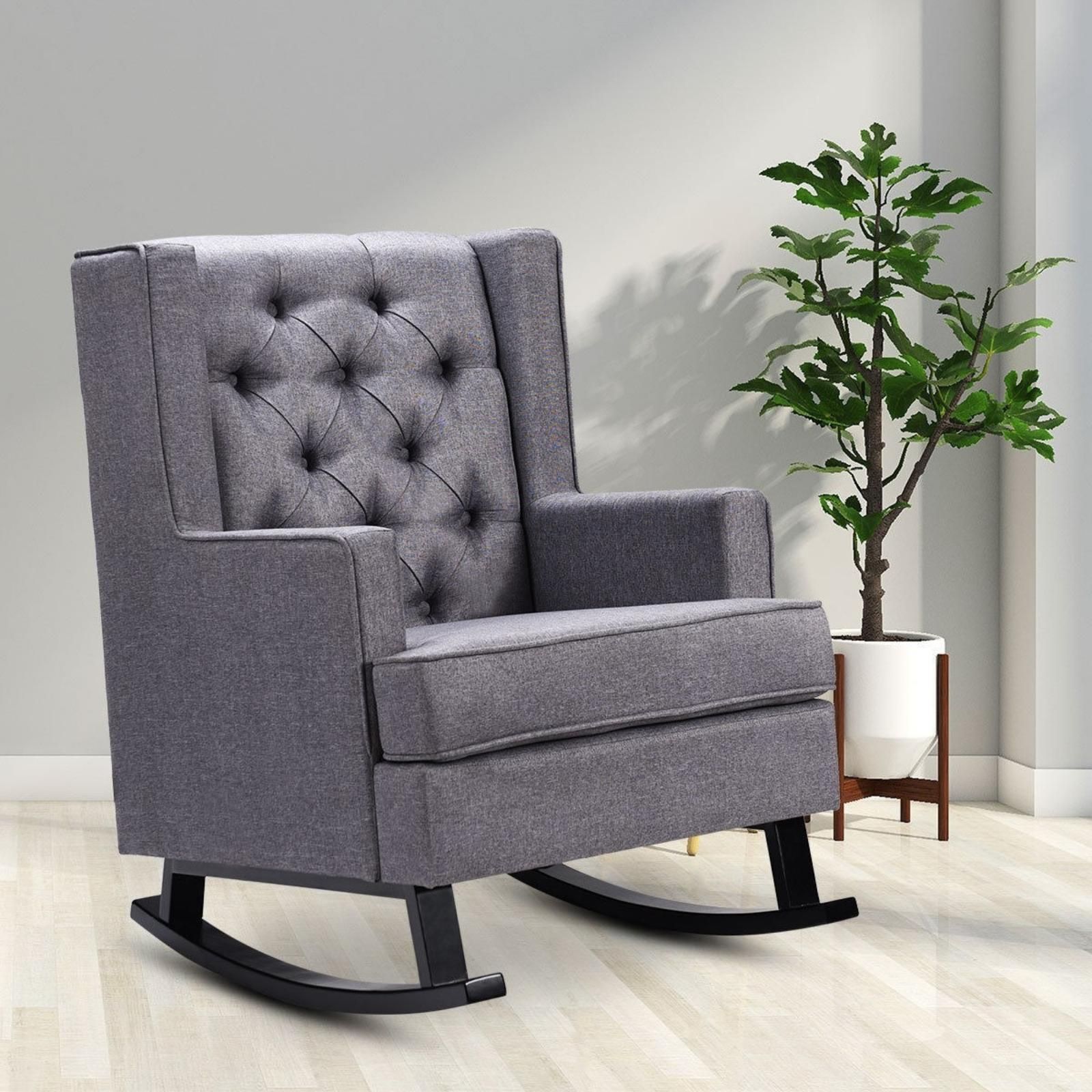 Modern Rocking Chair Recliner Dark Grey Cushioned Fabric Throughout Dark Wood Outdoor Reclining Chairs (View 11 of 15)