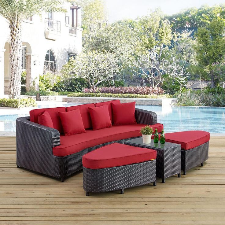 Modway Monterey 4 Piece Wicker Patio Conversation Set In Brown With Red In Red Loveseat Outdoor Conversation Sets (View 1 of 15)