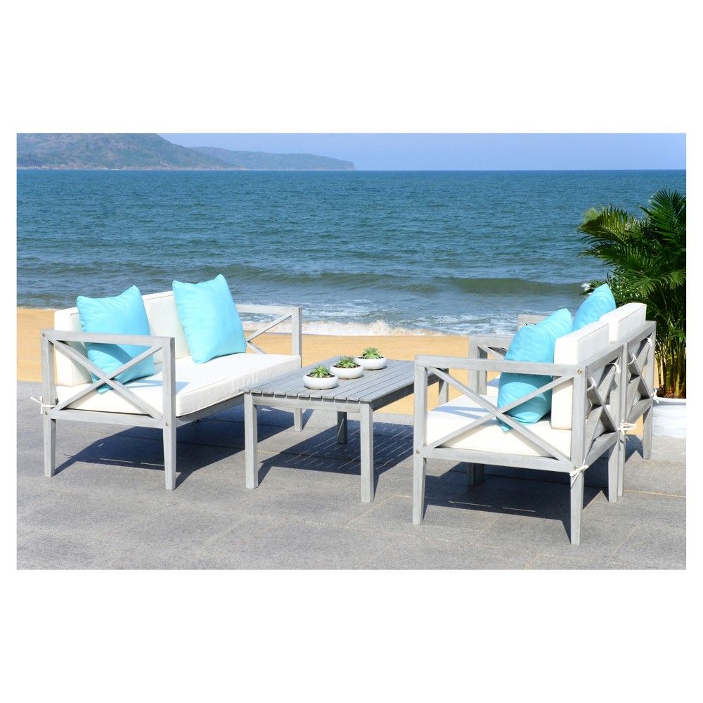 Montez 4Pc Wood Patio Seating Set – Teak/Navy – Safavieh, Gray/Light Intended For Navy Outdoor Seating Sets (View 10 of 15)