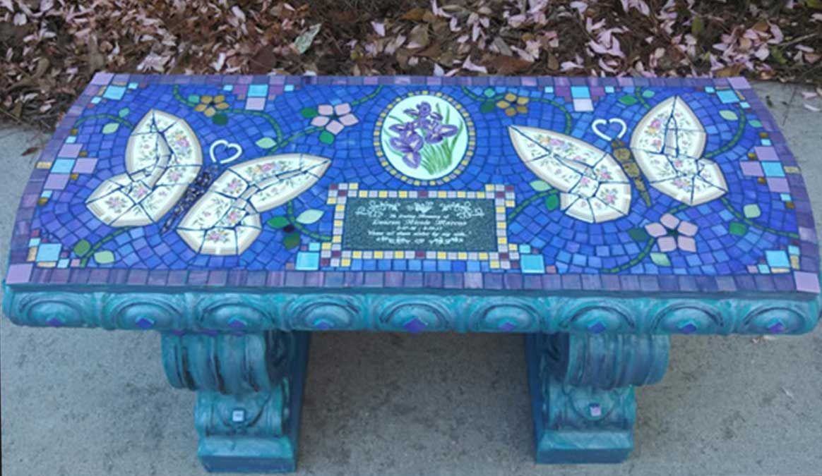 Mosaic Memorial Garden Bench Of Lauren'S Butterflieswater'S End With Regard To Dragonfly Mosaic Outdoor Accent Tables (View 6 of 15)