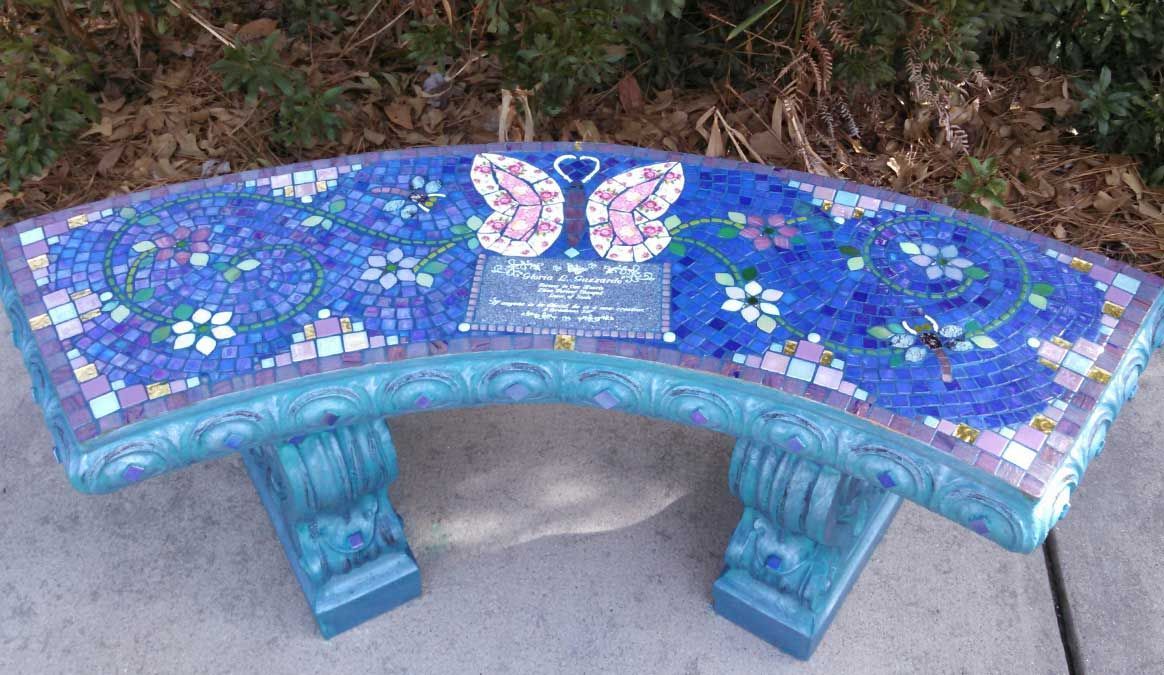 Mosaic Memorial Garden Bench Of Ryan Gloria'S Butterflywater'S End Intended For Dragonfly Mosaic Outdoor Accent Tables (View 9 of 15)