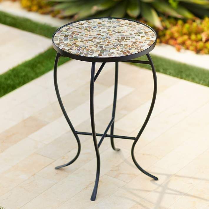 Mother Of Pearl Mosaic Black Iron Outdoor Accent Table – #6F097 | Lamps Within Blue Mosaic Black Iron Outdoor Accent Tables (View 6 of 15)