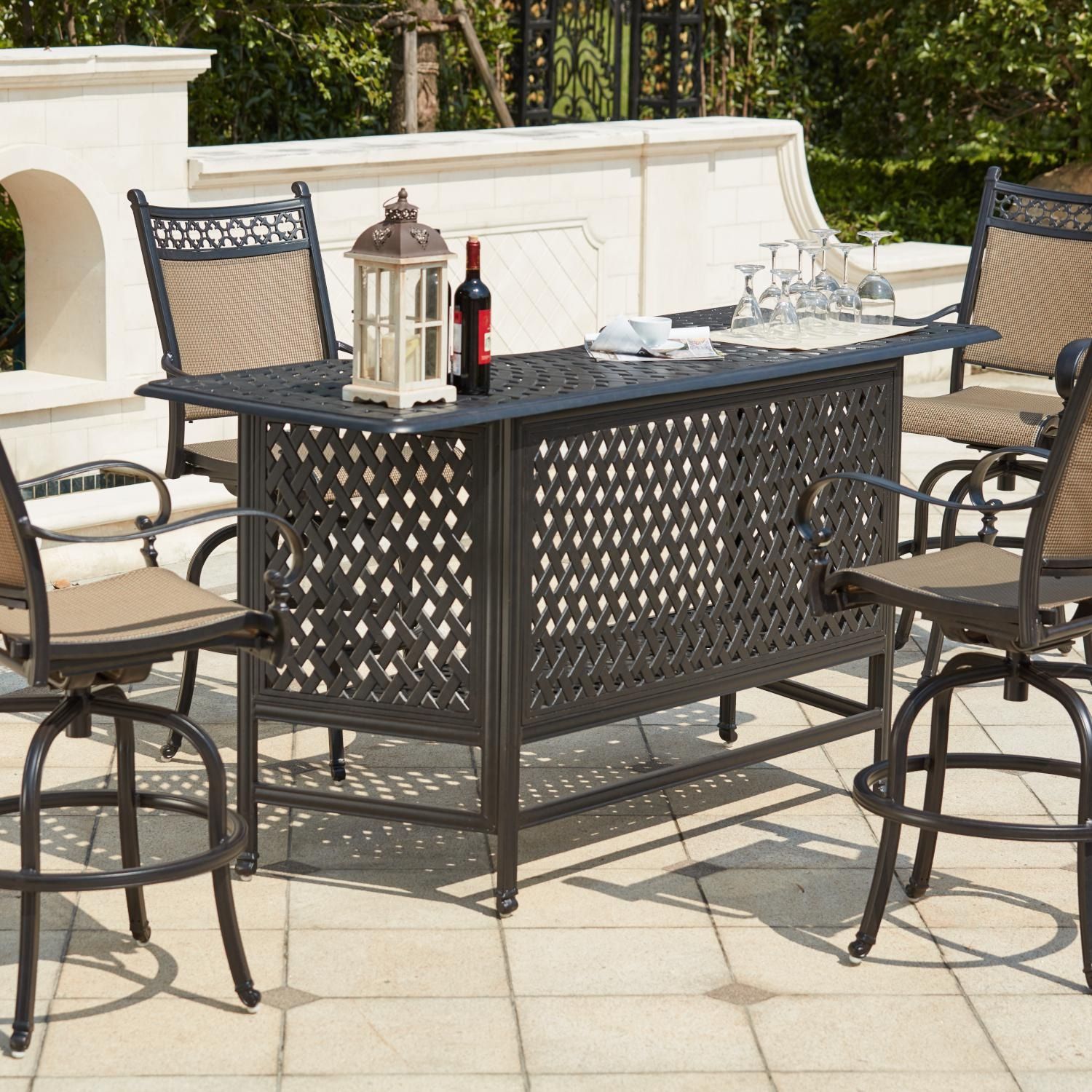 Mountain View 5 Piece Cast Aluminum Sling Patio Party Bar Set W/ Swivel Intended For 5 Piece Outdoor Bar Tables (View 11 of 15)
