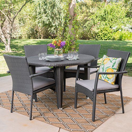 Muted Rock Outdoor 5 Piece Grey Wicker Circular Dining Set With Grey Within Gray Wicker 5 Piece Round Patio Dining Sets (View 2 of 15)