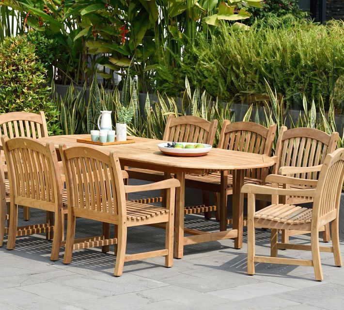 Nassau 9 Piece Oval Table & Placid Teak Dining Armchair Set Regarding 9 Piece Teak Outdoor Square Dining Sets (View 10 of 15)