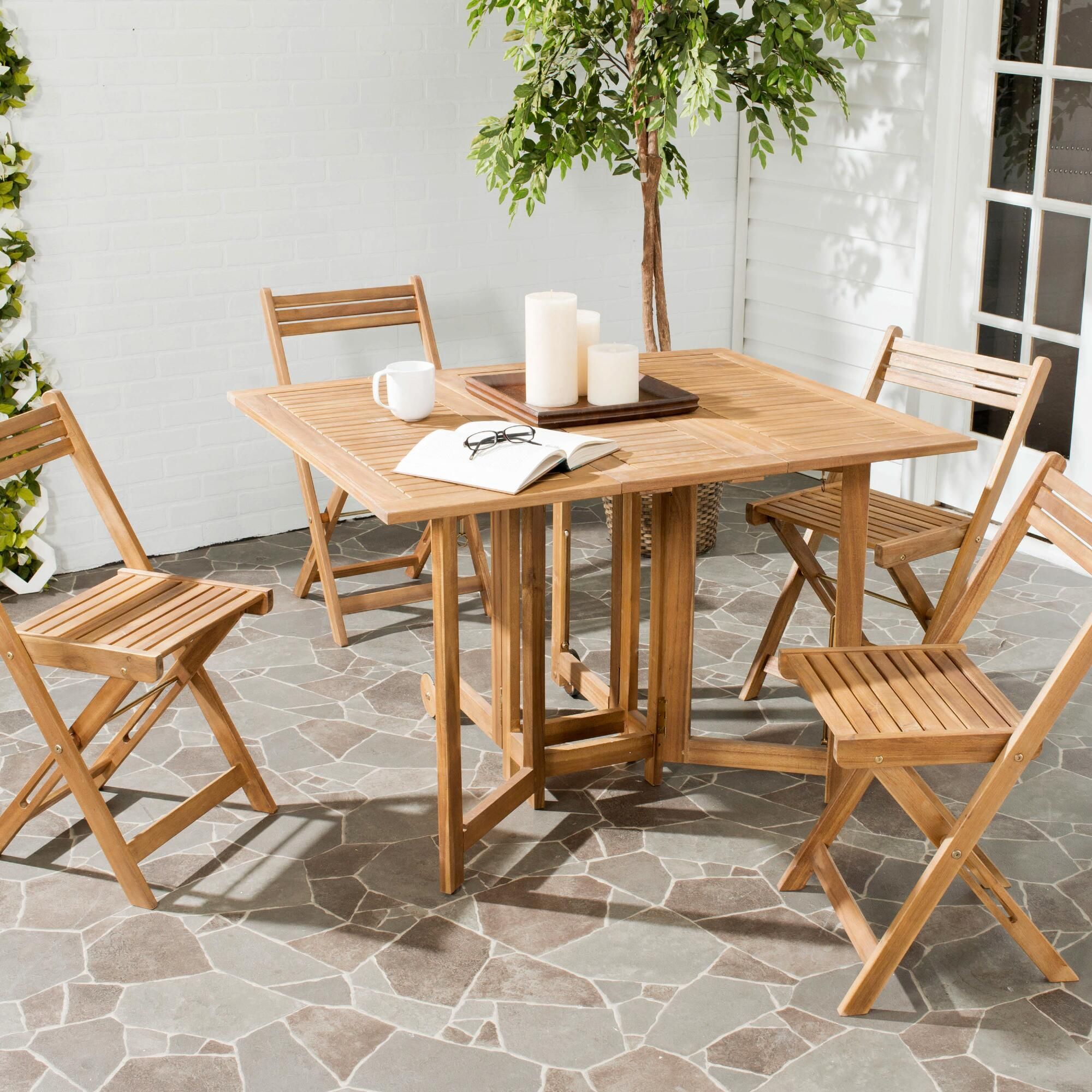 Natural Wood Holcut Rectangular 5 Piece Outdoor Dining Set | Outdoor With Regard To Wood Rectangular Outdoor Dining Sets (View 14 of 15)