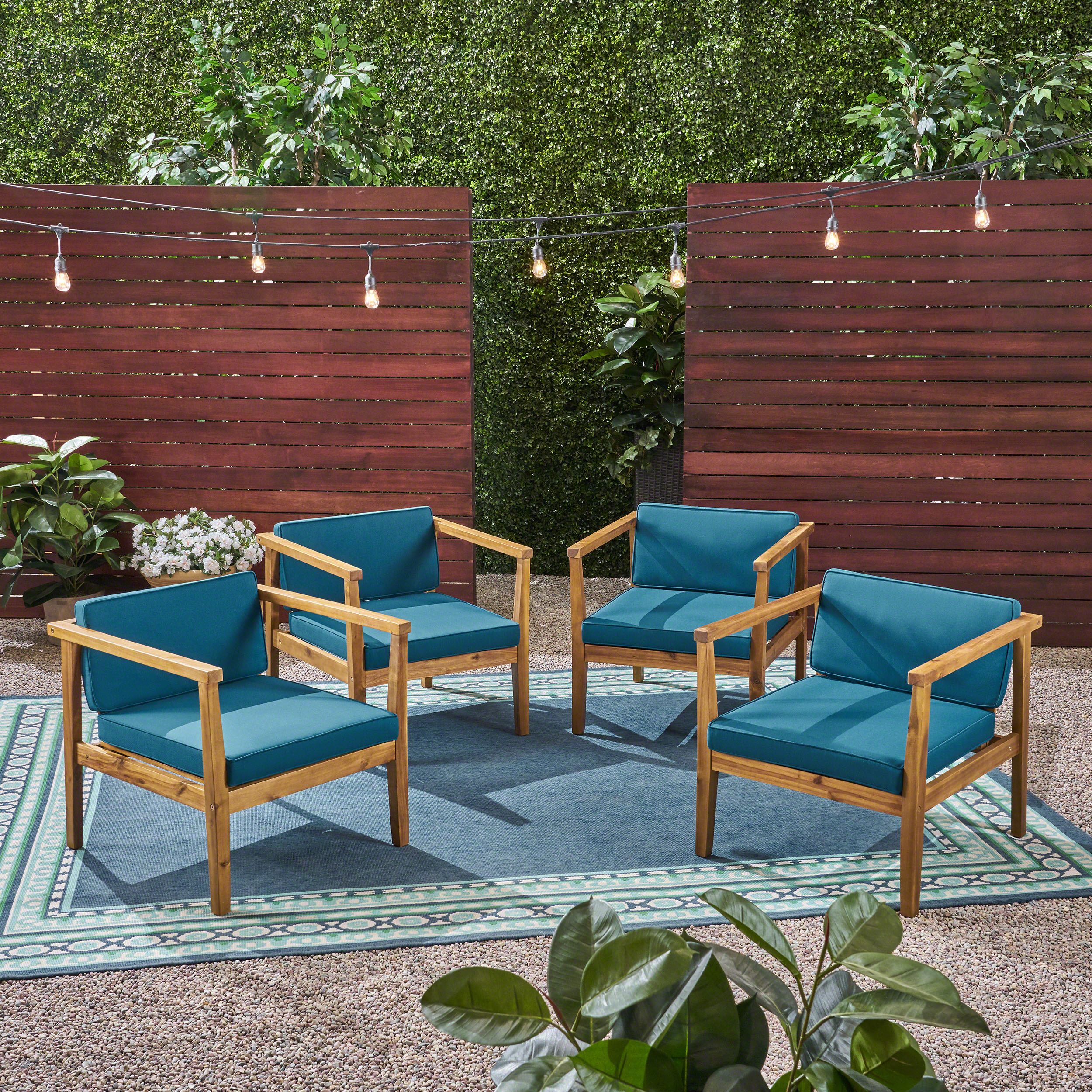 Newbury Outdoor Acacia Wood Club Chairs With Cushions, Set Of 4, Teak Inside Wood Outdoor Armchair Sets (View 4 of 15)