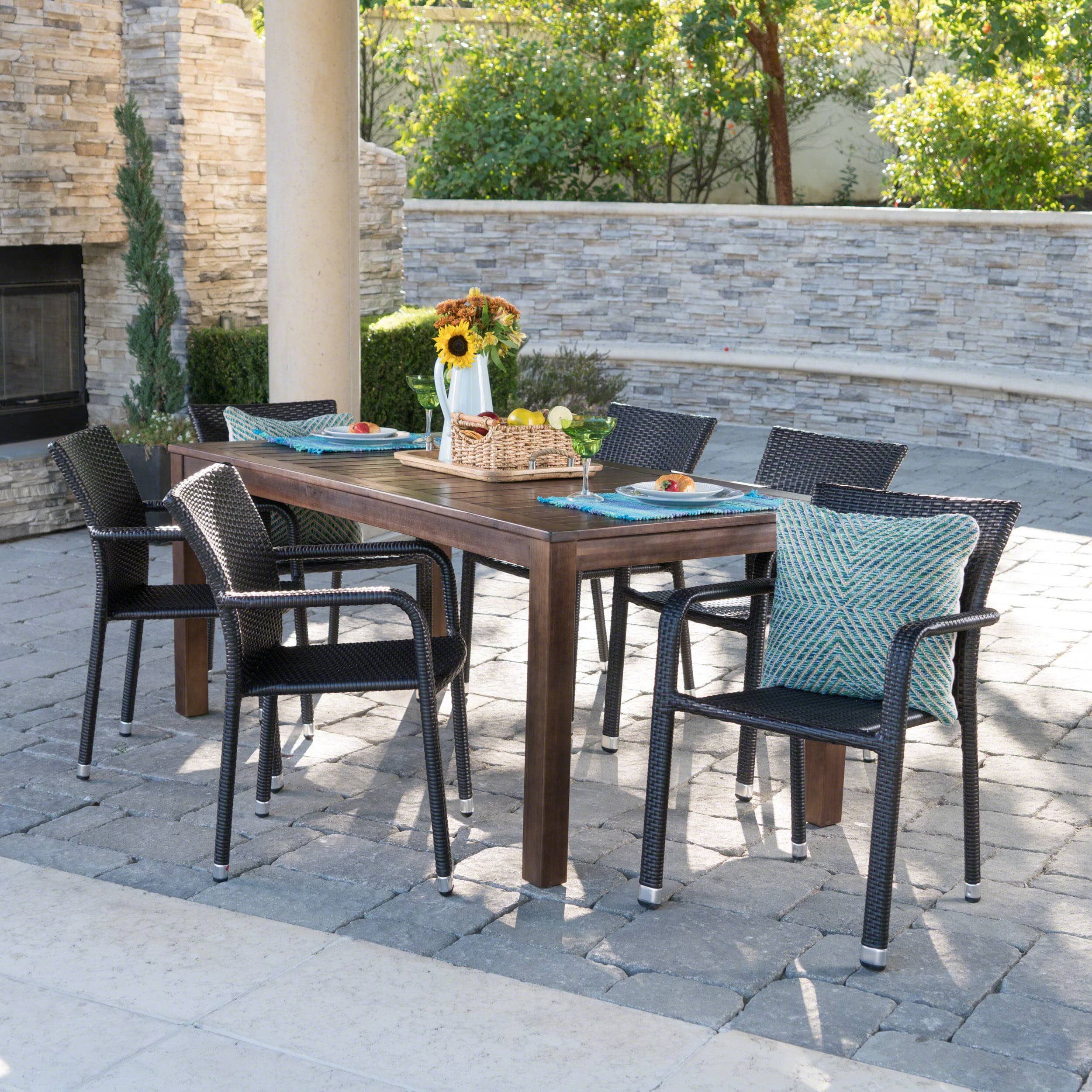 Newcastle Outdoor 7 Piece Rectangle Aluminum Wicker Wood Dining Set Throughout Dark Brown Patio Dining Sets (View 15 of 15)