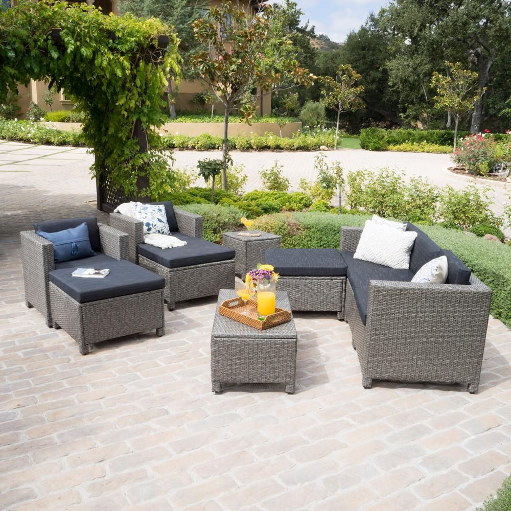 Noble House 10 Piece Wicker Patio Sectional Conversation Set With Mixed For Black Cushion Patio Conversation Sets (View 9 of 15)