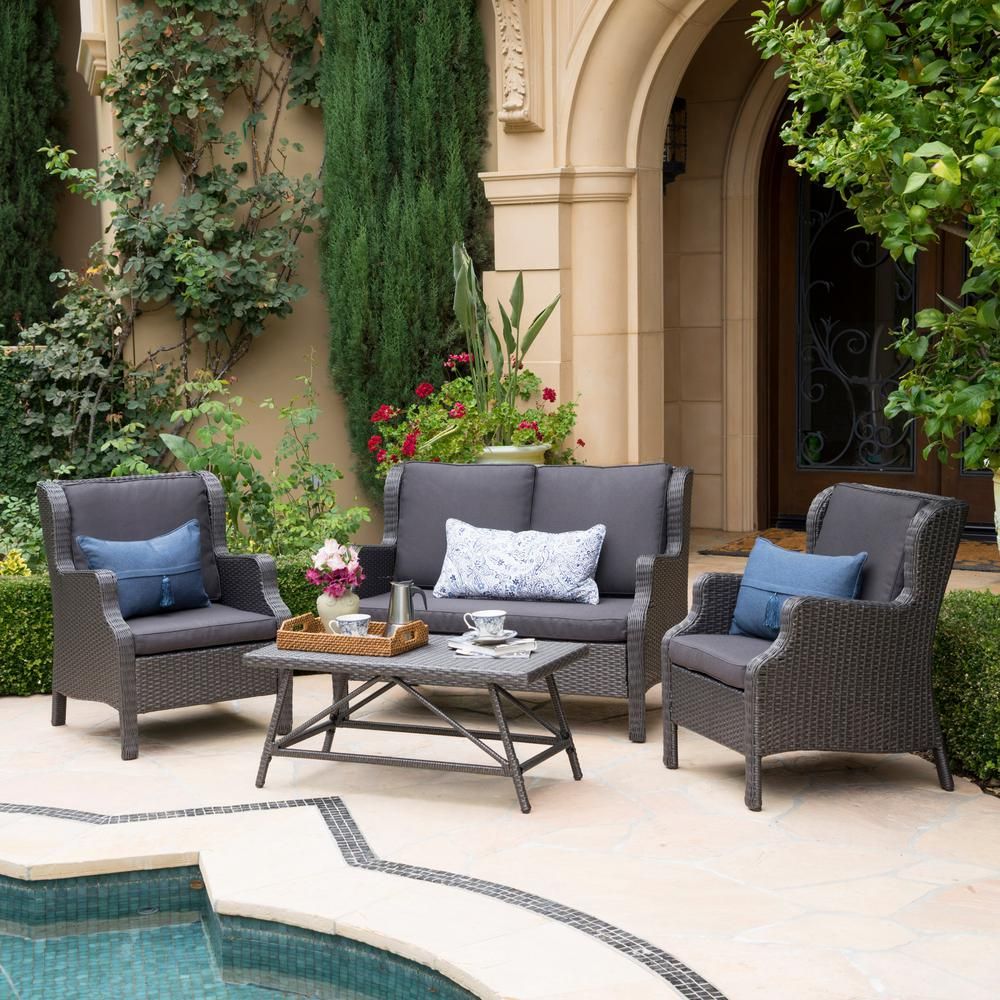 Noble House 4 Piece Wicker Patio Conversation Set With Black Cushions With Patio Conversation Sets And Cushions (View 5 of 15)